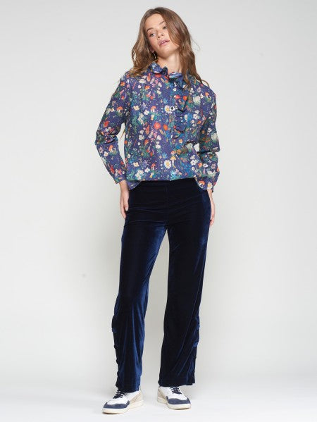 NAVY VELVET TROUSER W/ SIDE BUTTONS