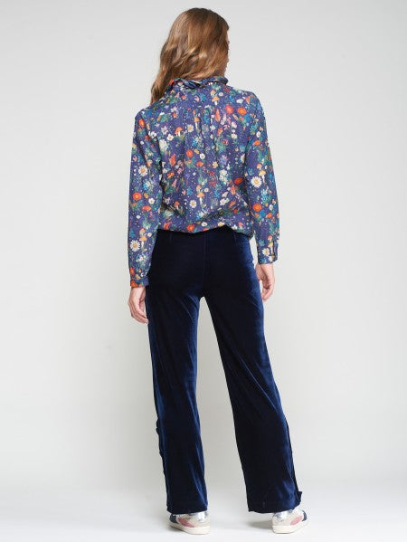 NAVY VELVET TROUSER W/ SIDE BUTTONS
