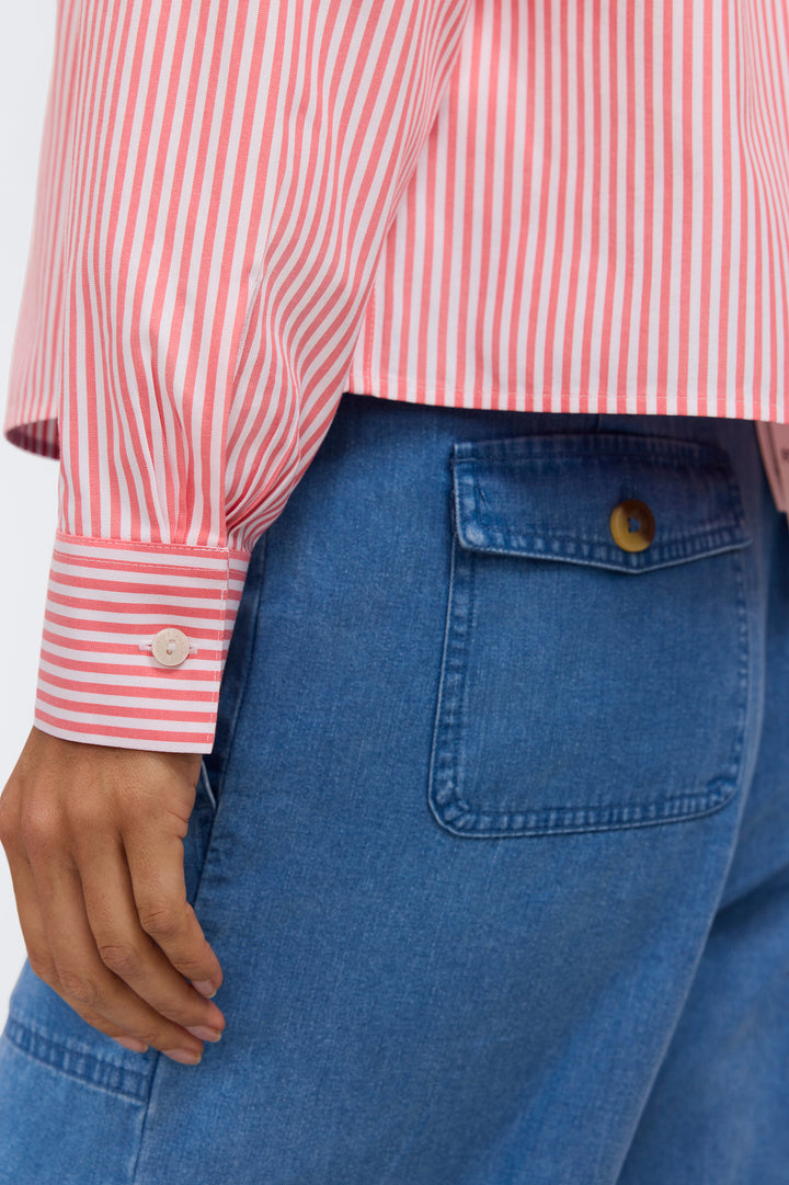 Jodie Long Sleeve Stripe Shirt-Coral/White