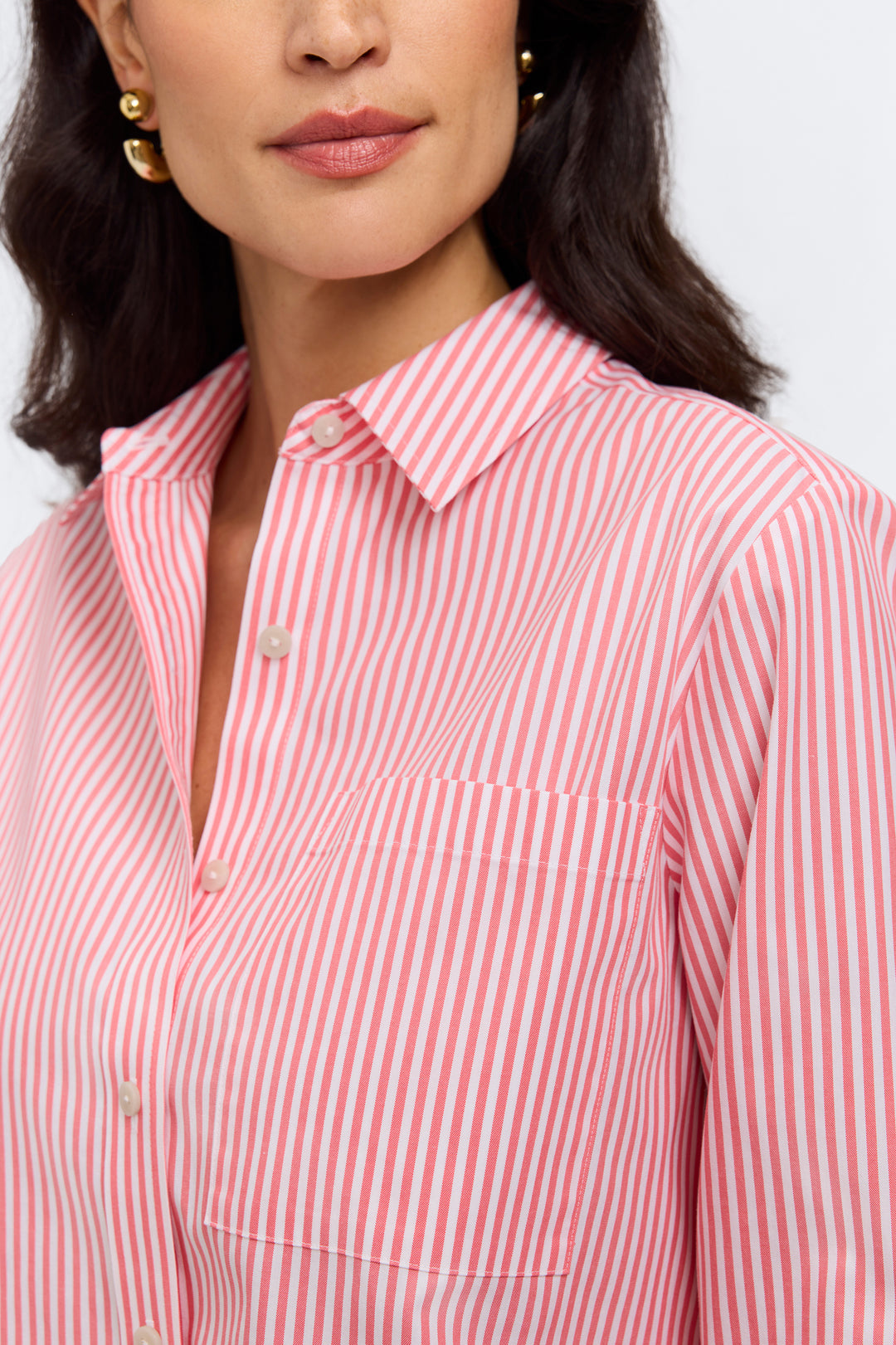 Jodie Long Sleeve Stripe Shirt-Coral/White
