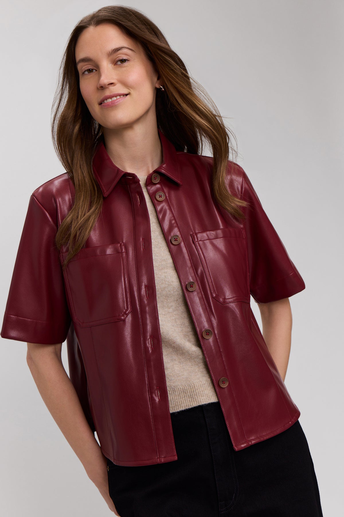 Demi Elbow Sleeve Shirt Jacket - Burgandy