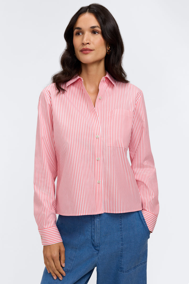 Jodie Long Sleeve Stripe Shirt-Coral/White