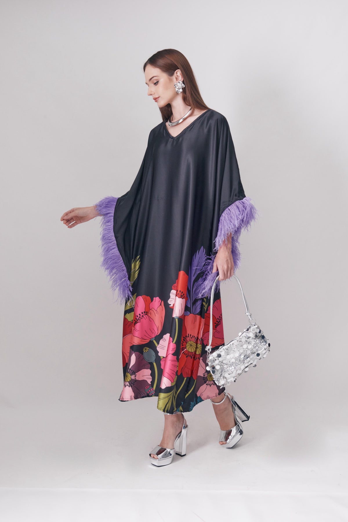 Casablanca Dress - Black Satin/Purple Feathers