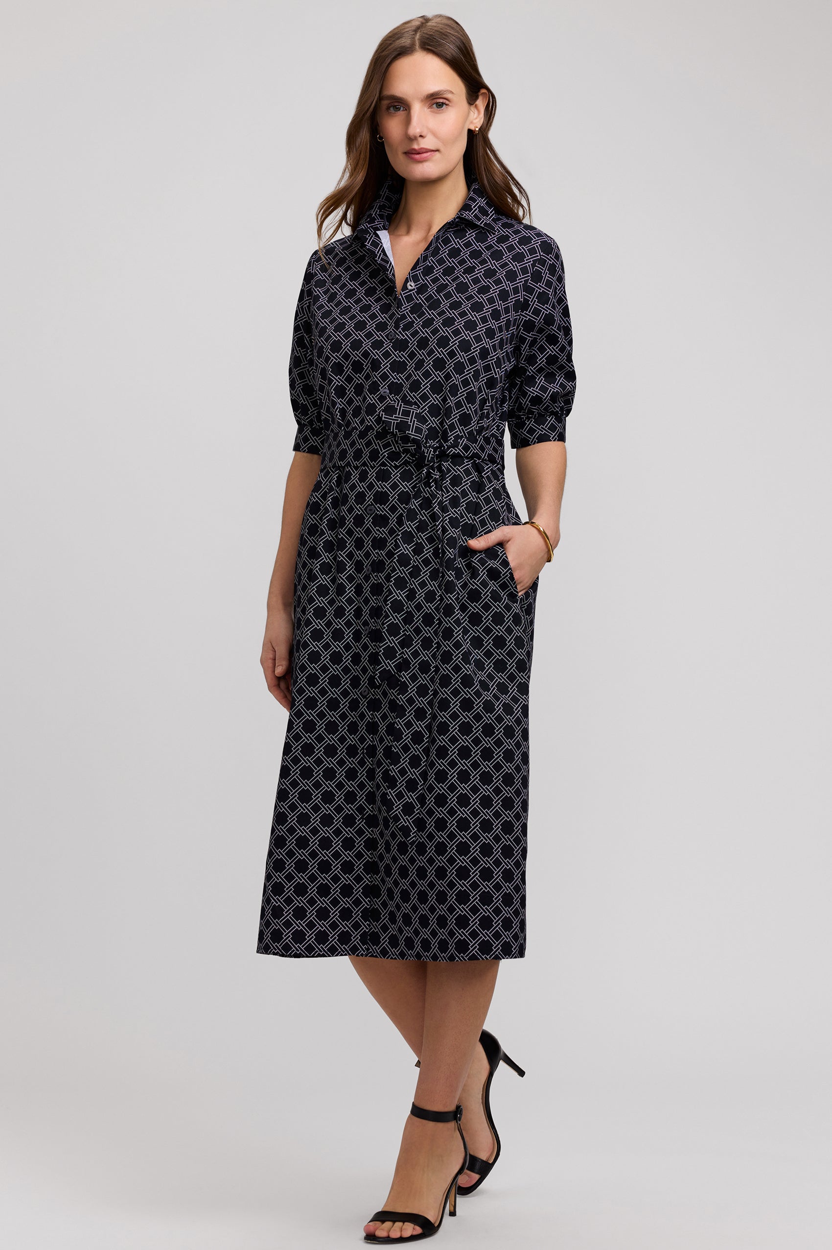 Esther Square Links Elbow Sleeve Dress - Blk/Wht